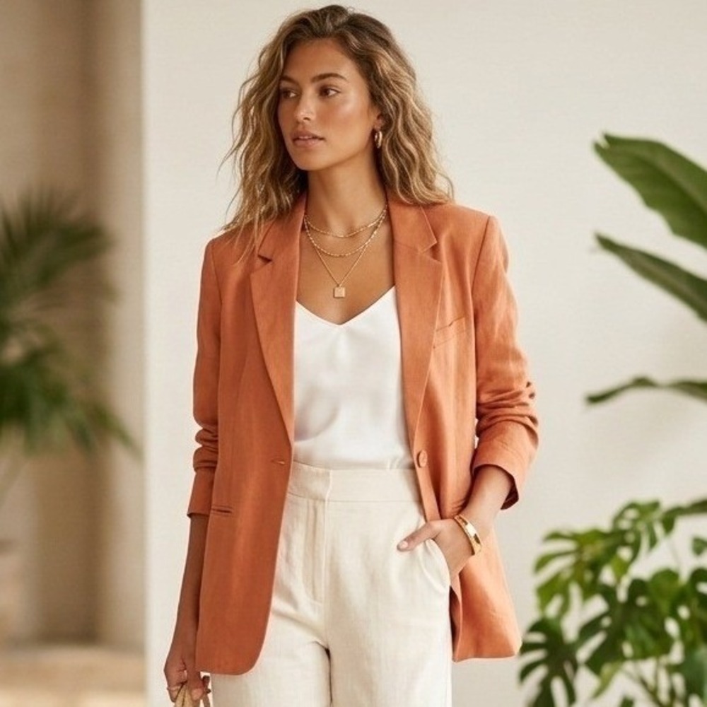 Steve Madden Linen Blend Blazer Womens Small Burnt Orange‎ Single Button Coastal